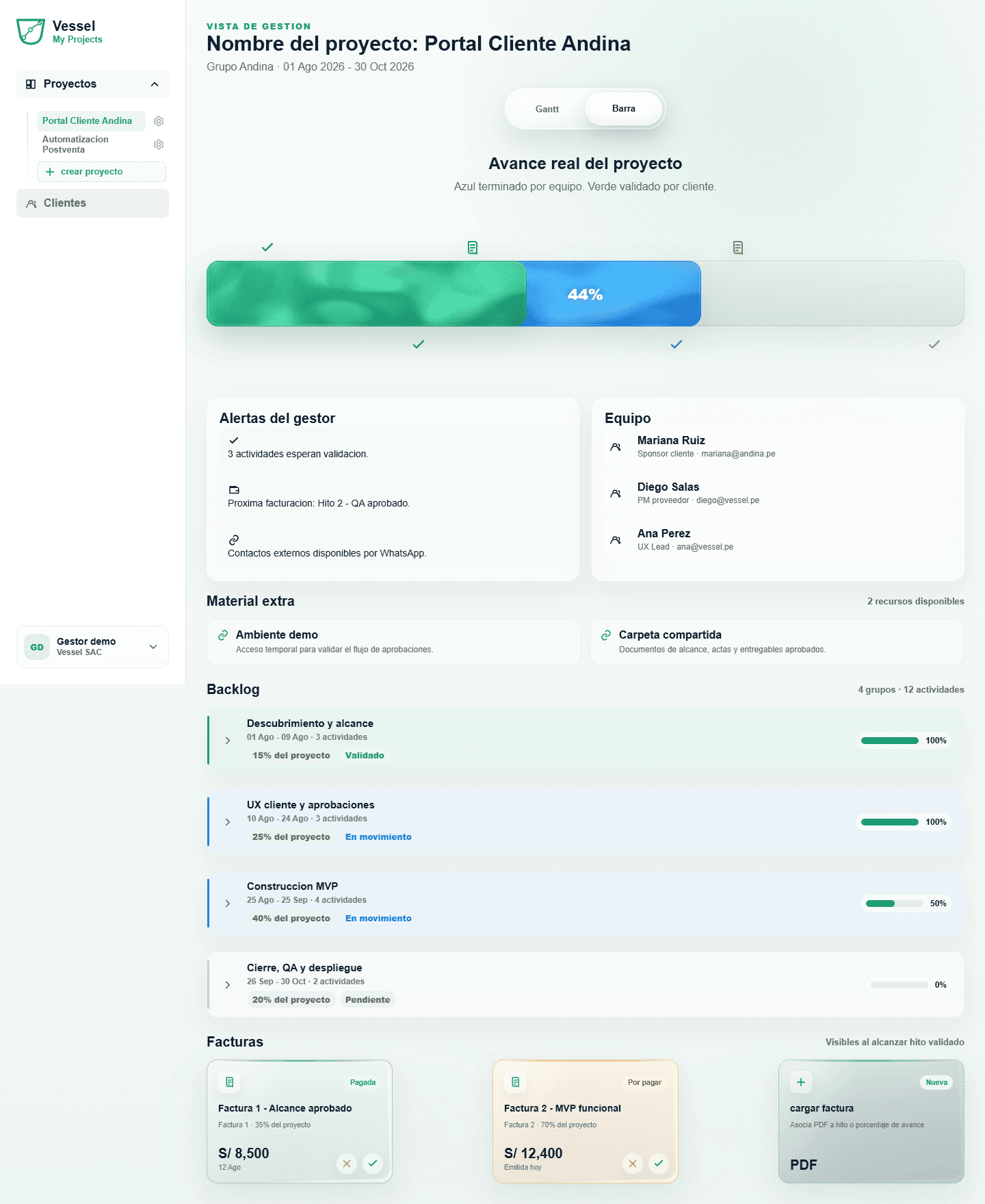 Prototipo del panel de proyectos de Vessel MyProjects